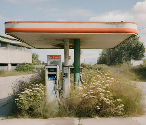 Overgrown gas station, with the reminder